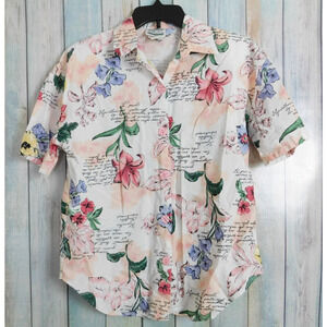 Woman Shirt Small Short Sleeve White Pink Green Flowers Vintage Separate Issue